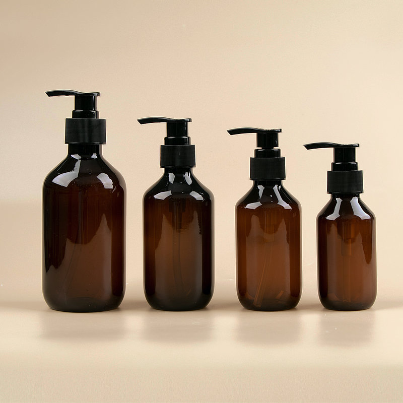 Eco-friendly recycling clear amber PET plastic 100ml 200ml 250ml hair shampoo body gel pump bottle packaging