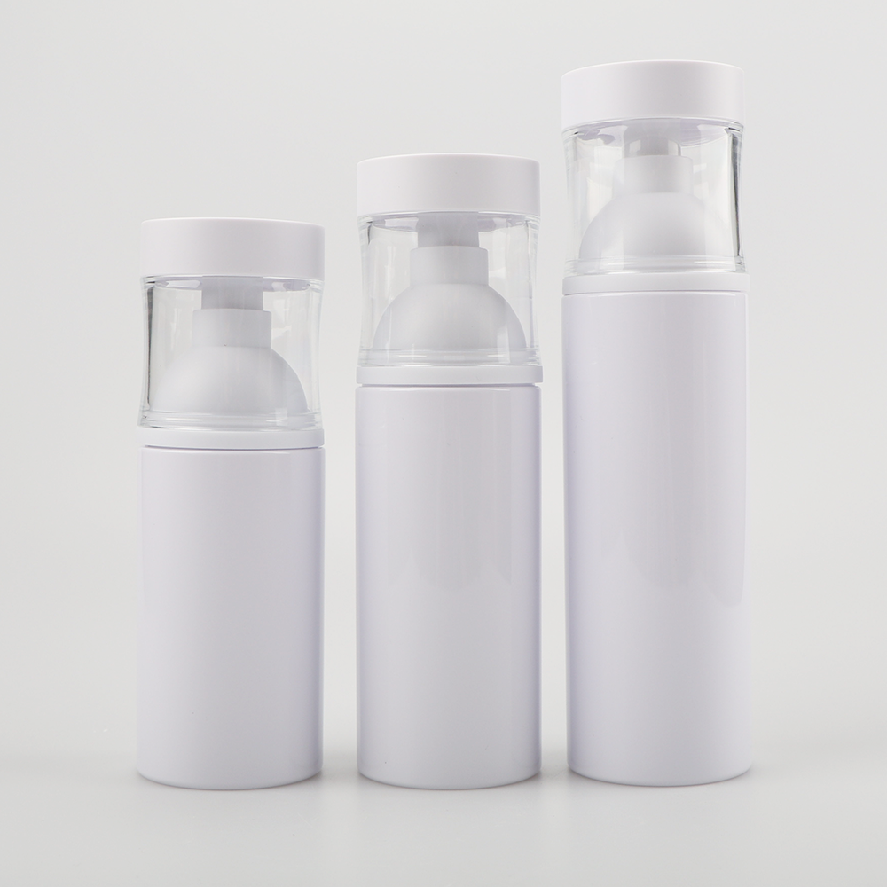 Round Transparent white cosmetic packaging 100ml airless lotion pump bottle with white cap